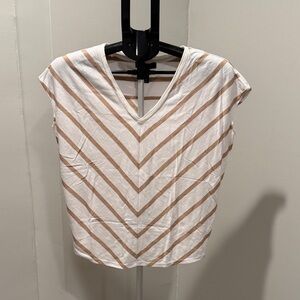 White House Black Market Tan and White Striped V-Neck Top